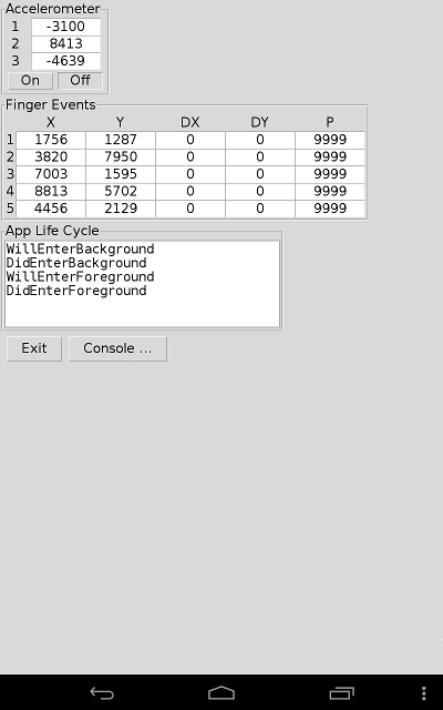 Screenshot app life-cycle, accelerometer, finger events